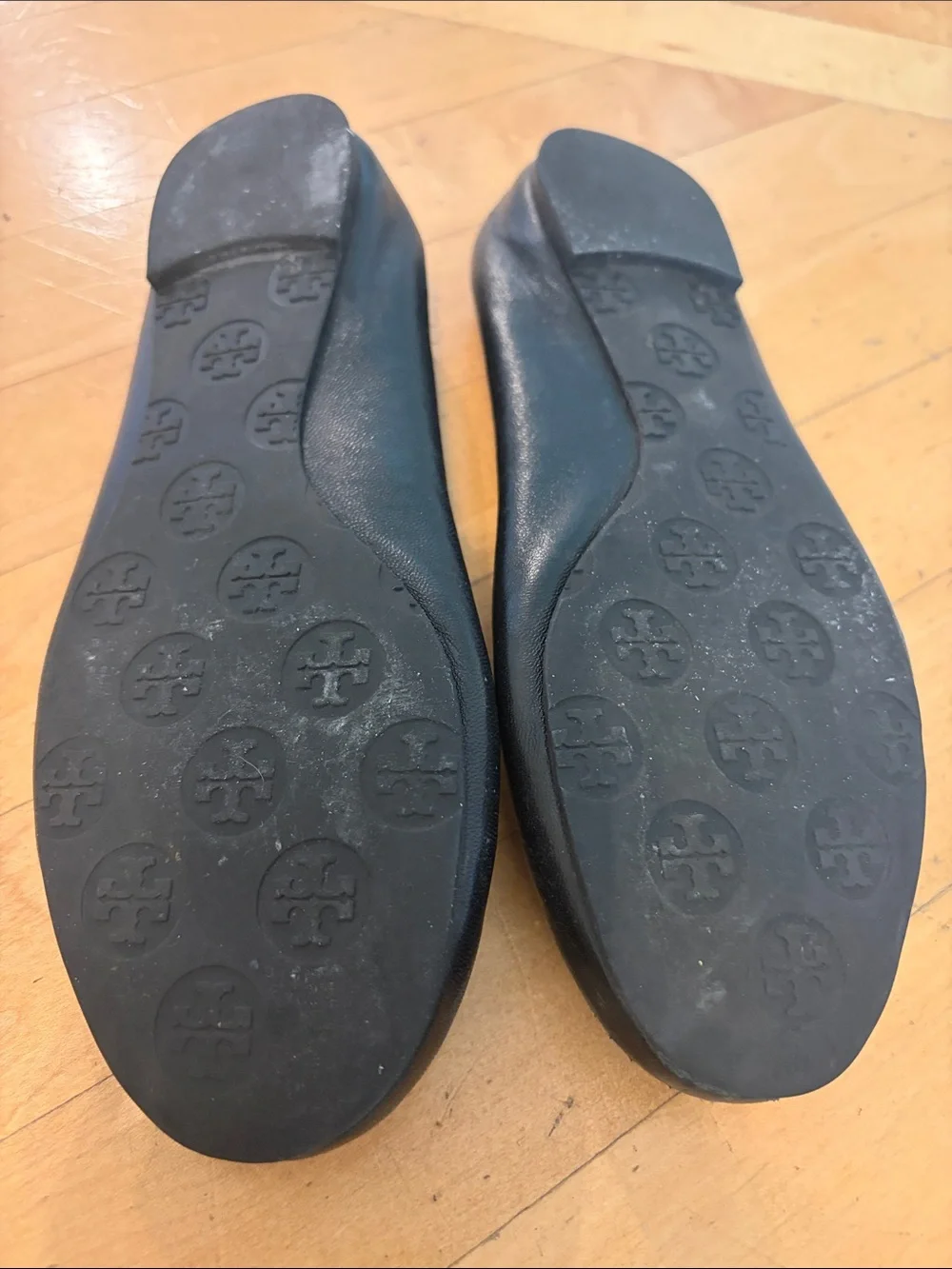 Tory Burch Black Leather Logo Ballet Flats with Gold Medallions